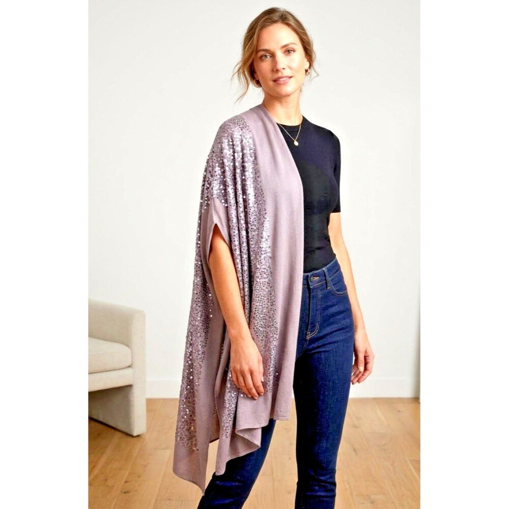 New IMAN Gray Sequin One Shoulder Scarf Cotton Blend Luxury Wrap One Size Cape